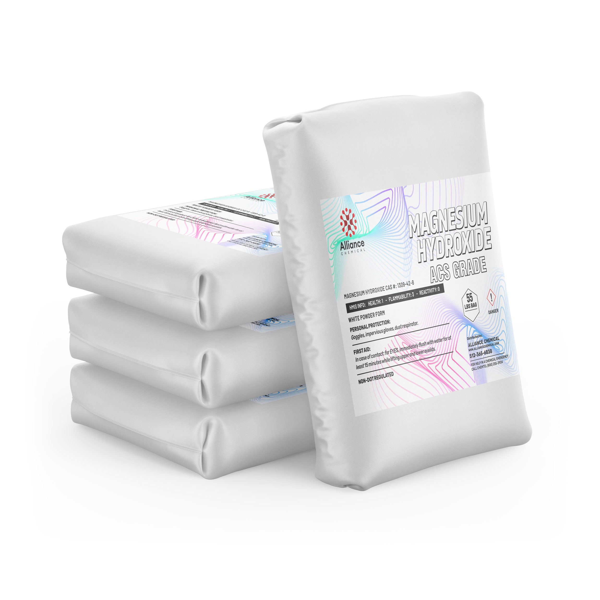 55lb bags of ACS-grade magnesium hydroxide powder in white industrial packaging, stacked, featuring Alliance Chemical labeling and safety warning symbols.